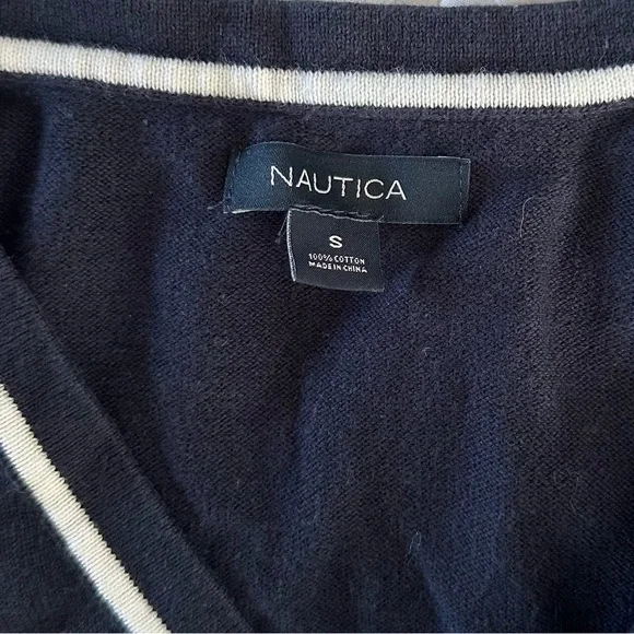 Women's Nautica Navy & White Striped V-Neck Cotton Sweater | Size Small - Picture 3 of 4